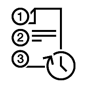 Icon of document with 1, 2, 3 steps and a time clock.