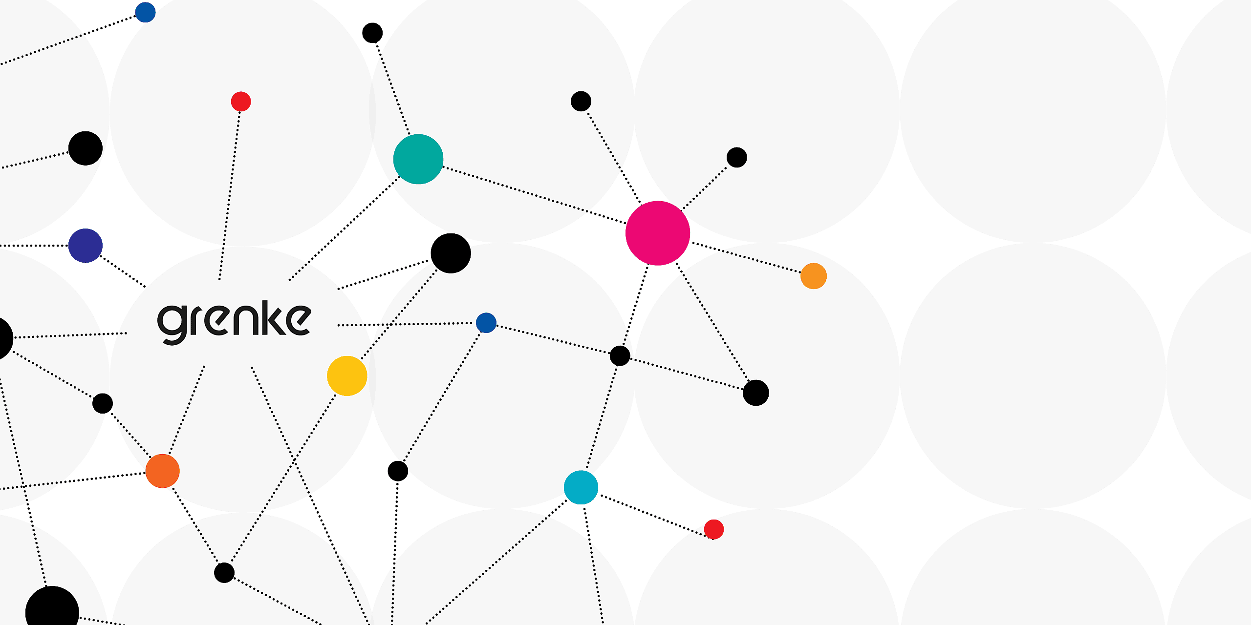 Illustration of interconnected dots representing a network with the grenke logo at the center