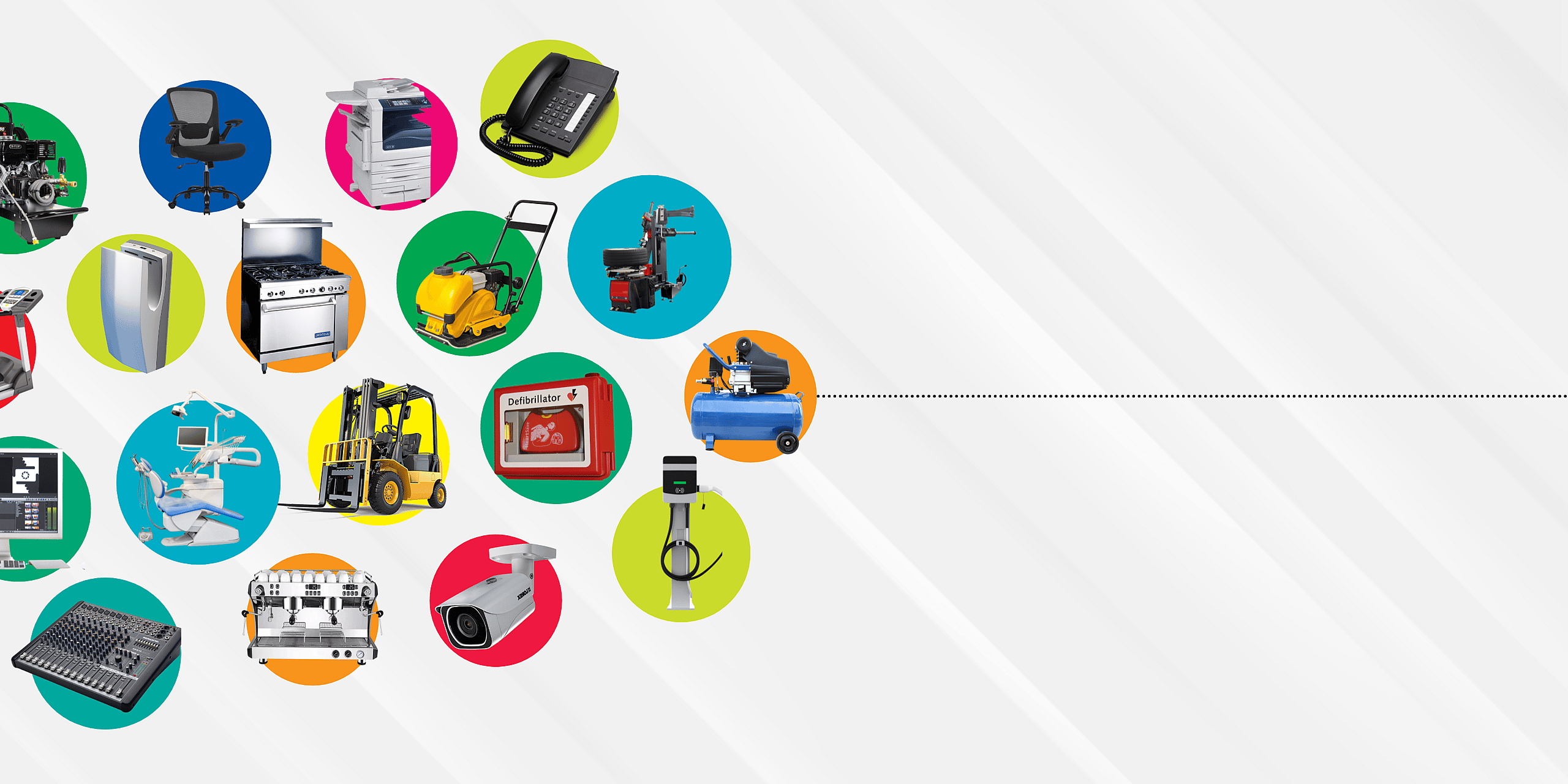 Collage of equipment leased and financed by grenke, including IT hardware, office furniture, security systems, telecommunications, coffee machines, and medical equipment.