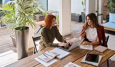 Two happy business women of young and middle age talking in green cozy office sitting at desk