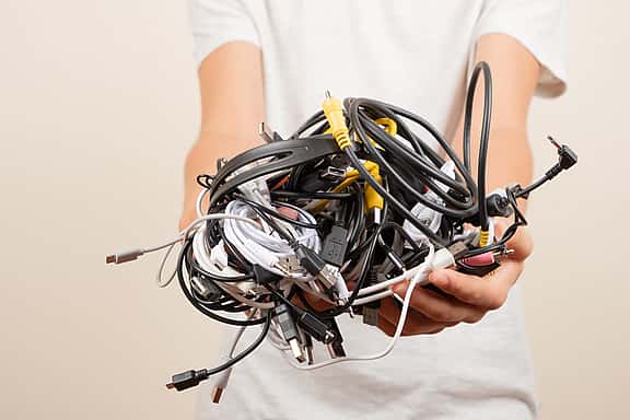 Woman hands holding digital tablet. Cardboard box full old used computers, phones, gadget devices for recycling. Planned obsolescence, e-waste, donation, electronic waste for reuse and recycle concept