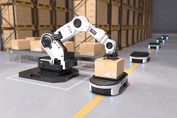 Robotic arm in a warehouse setting, demonstrating grenke's financing options for advanced robotics in manufacturing, warehousing, and automation industries.