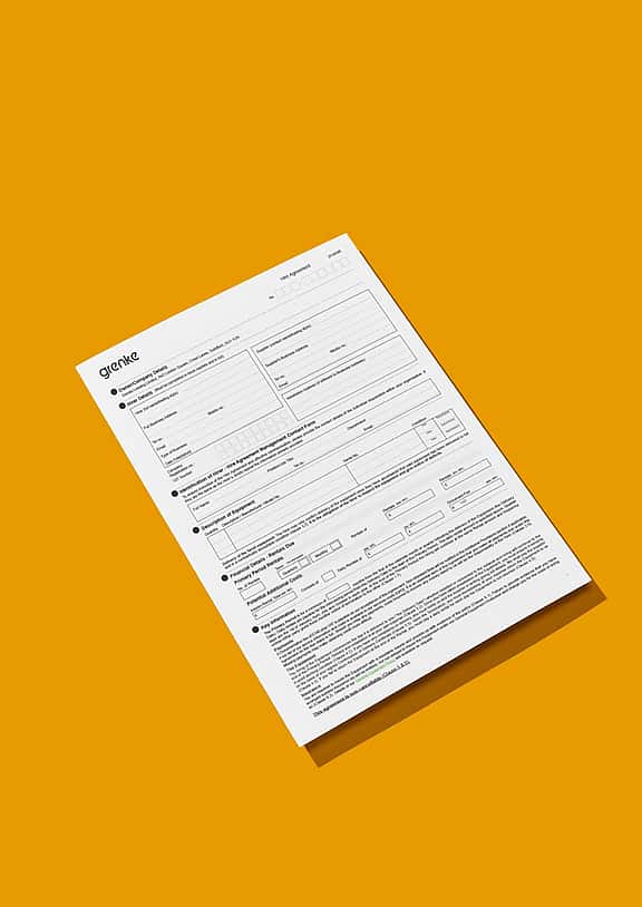 A picture of the grenke Hire Agreement, which includes detailed leasing terms and conditions.