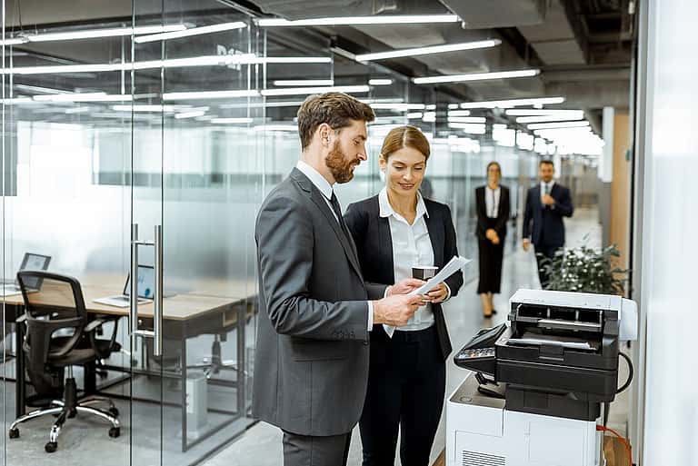 Two people standing by a printer in an office, representing grenke's flexible leasing options for laser, LED, multifunction, and 3D printers, supporting resellers with strategic partnerships and expertise.