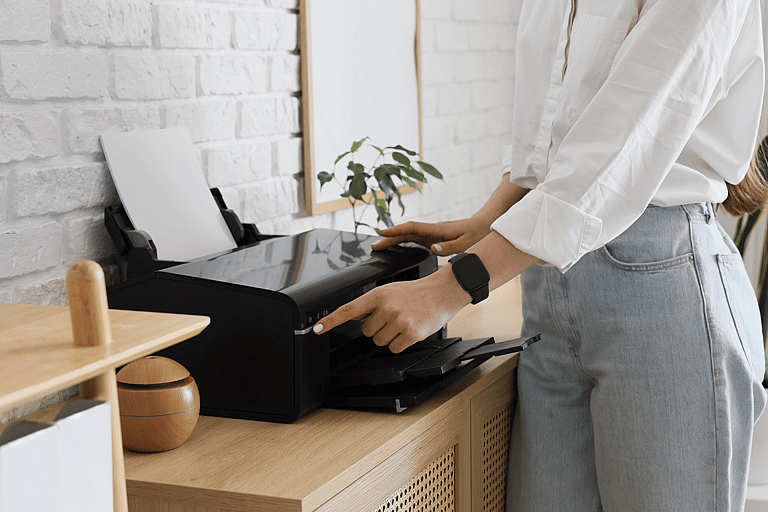 Close-up of hands operating a printer in an office, highlighting grenke's extensive experience in printer and copier leasing, supporting thousands of UK businesses with flexible leasing solutions since 2002.