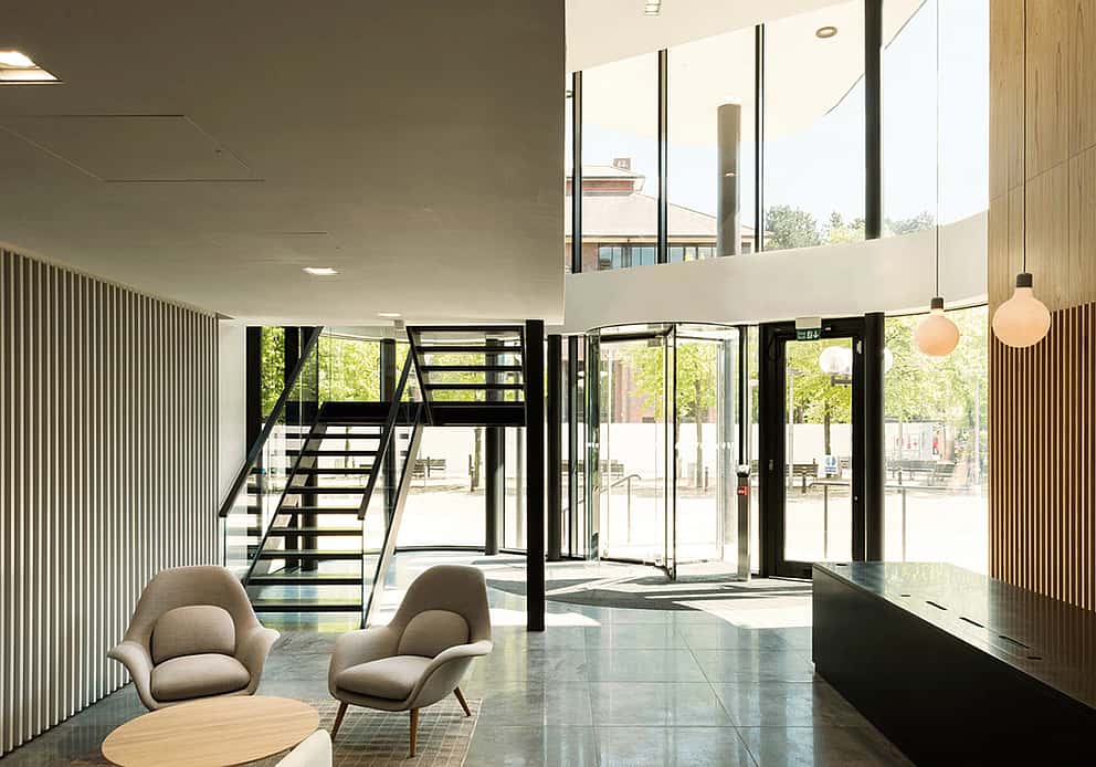 Photo of the modern reception at grenke UK Headquarters in Guildford, symbolising the company's move to new premises in 2018.