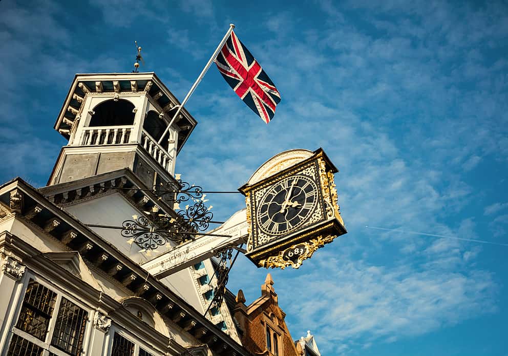 Guildhall's historic clock, a landmark of Guildford high street, symbolising grenke's establishment in the UK in 2002.